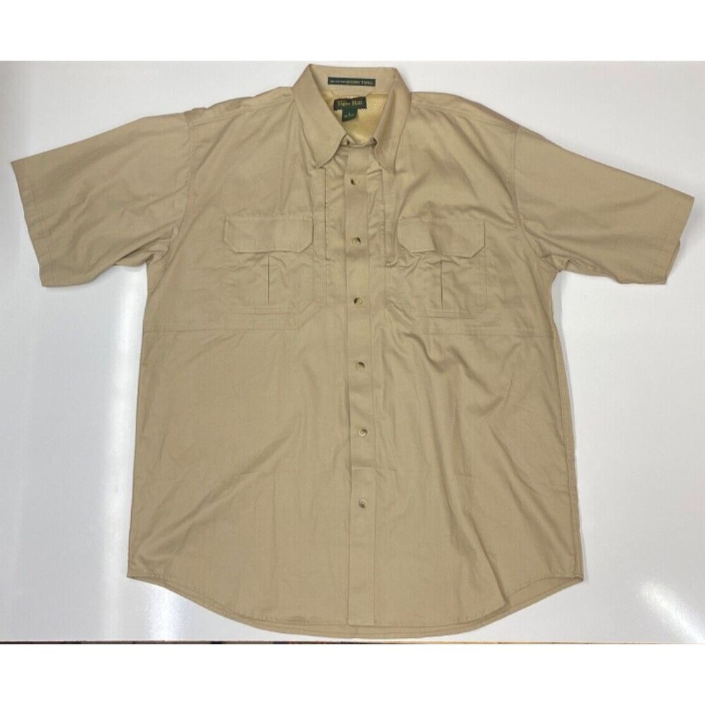 Tiger Hill Khaki Button Up Short Sleeve Luxury Twill Ventilated Outdoor Large